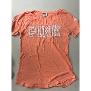 Victoria's Secret PINK T-Shirt Coral Peach Logo Short Sleeve Graphic Tee Small